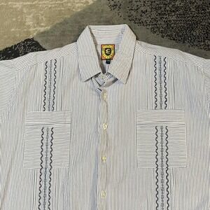 San Cristobal Guayabera Shirt Men 2XL Blue Stripe Embroidered Seersucker Button